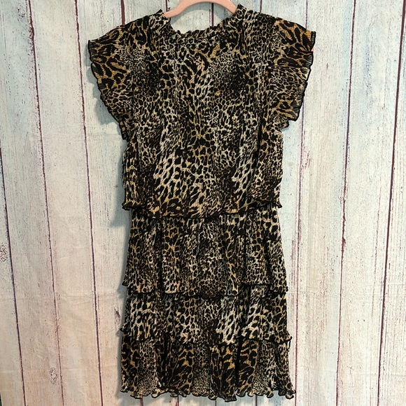 NWT Melloday Animal Print Tiered Mock Neck Pleated Ruffle Dress - Picture 2 of 10